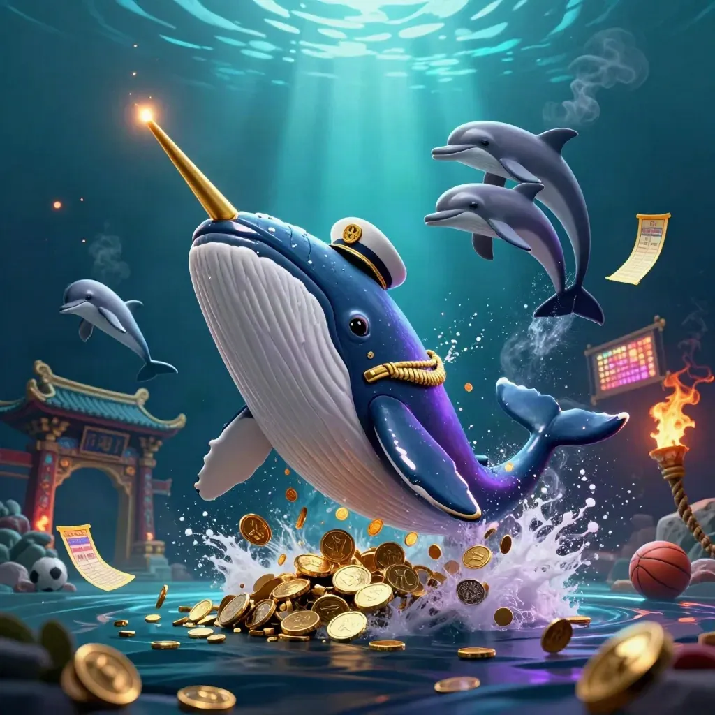 Cartoon whale captain, narwhal, and dolphins burst through coins underwater with casino glow.