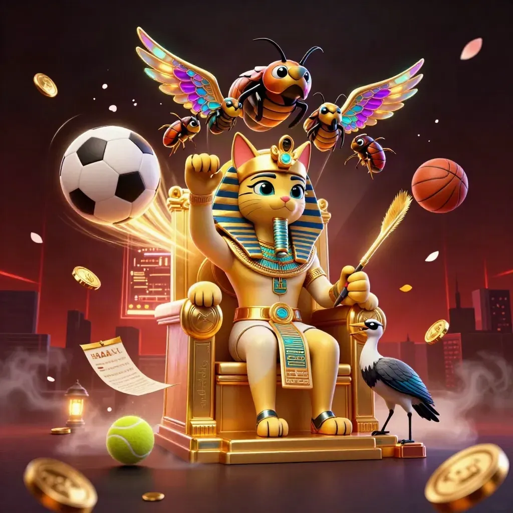 Pharaoh cat on throne with ibis scribe, gem scarabs, flying sports balls, coins, and neon casino glow.