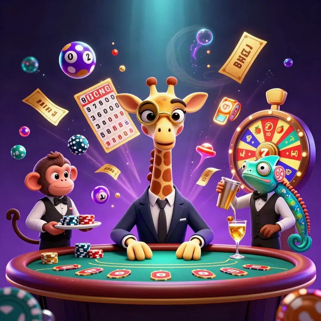 3D giraffe high-roller, monkey valet, and chameleon bartender amid jackpot bursts, balls, tickets, neon glow