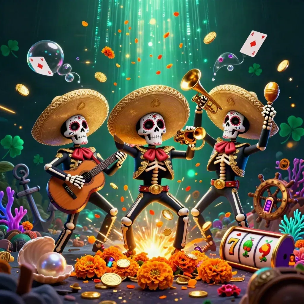Skeleton mariachi trio amid coin bursts, coral glow, and neon treasure-cove casino energy
