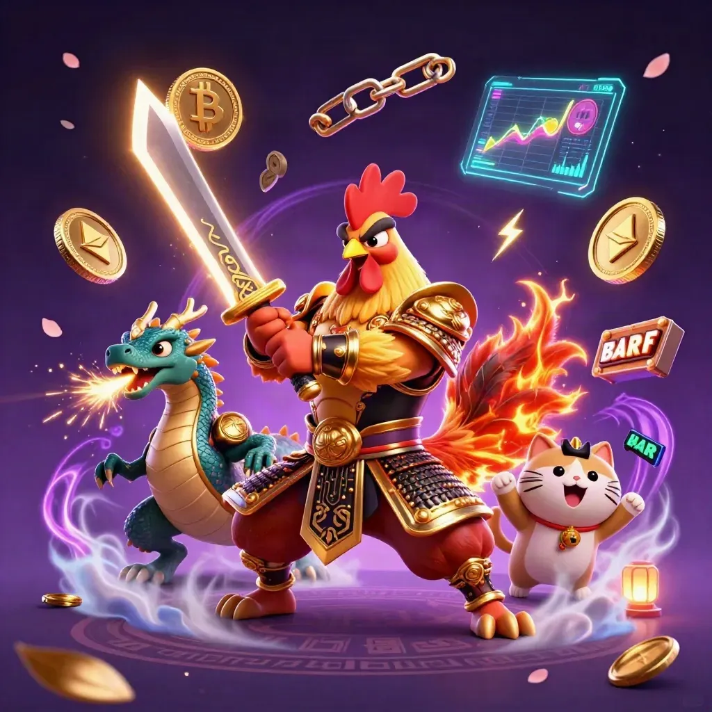 Rooster warrior, dragon hatchling, and fortune cat amid casino magic and neon coins
