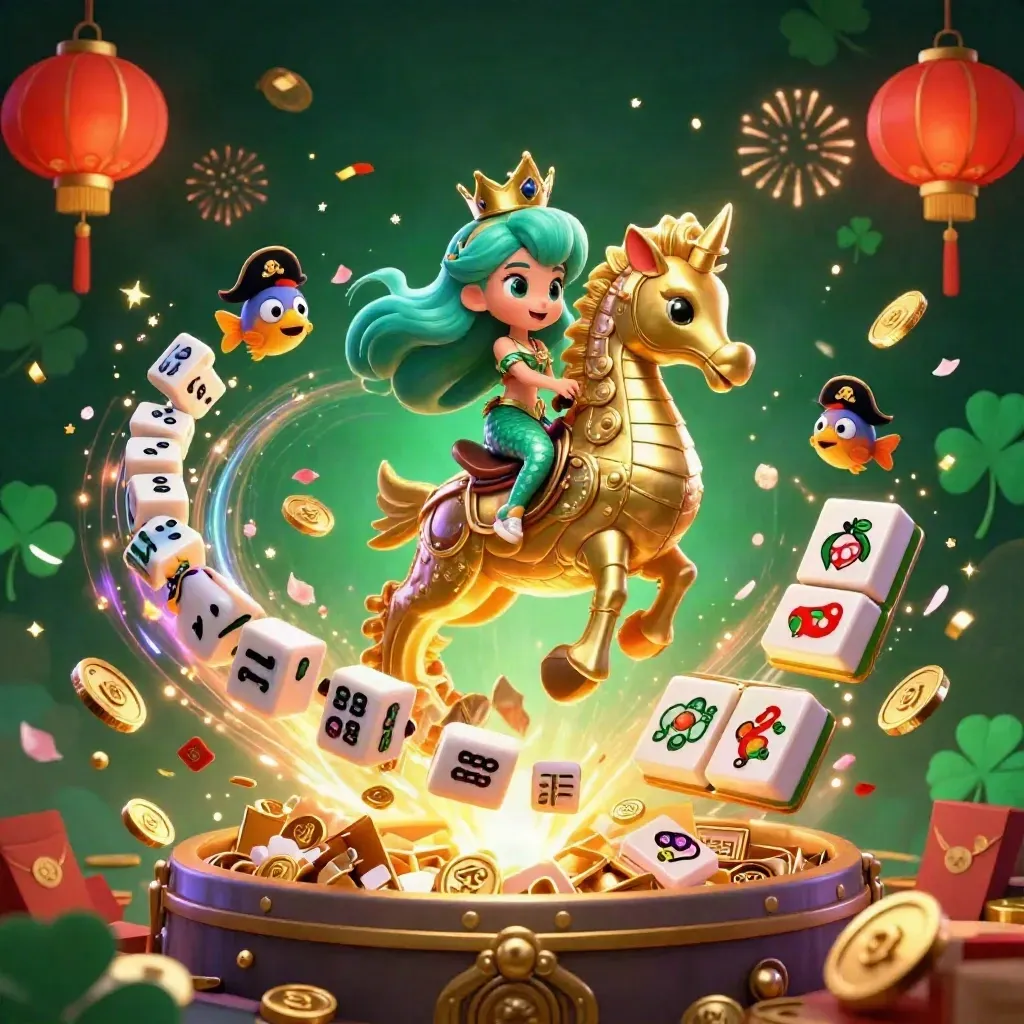 Mermaid princess on armored seahorse amid coins, reels, lanterns, fireworks, and jackpot bursts.