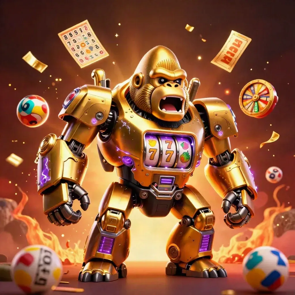 Golden gorilla slot mech with tiny monkey pilot, jackpot bursts, and casino confetti